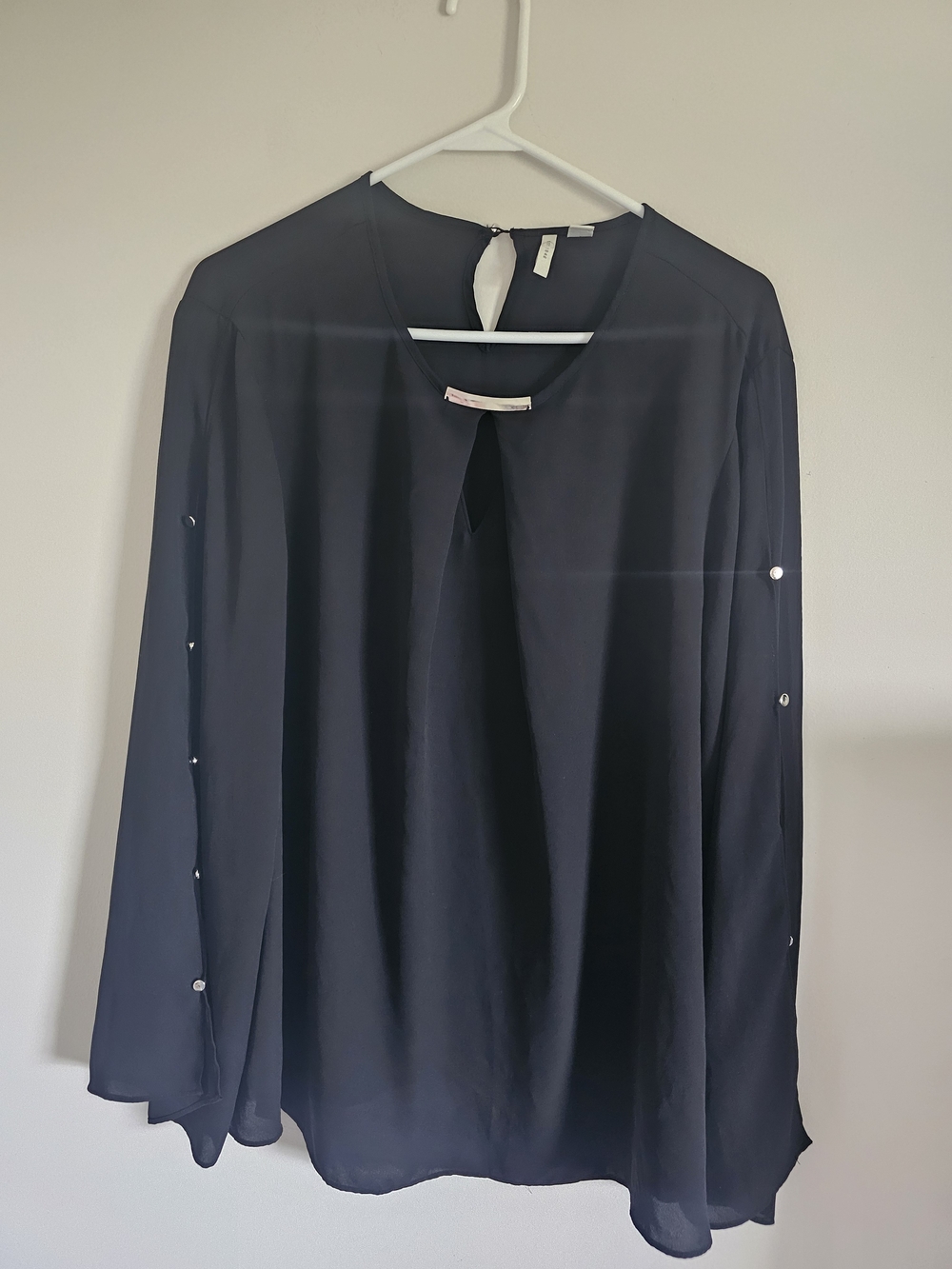 Black Long-Sleeve Keyhole Blouse with Button Accent